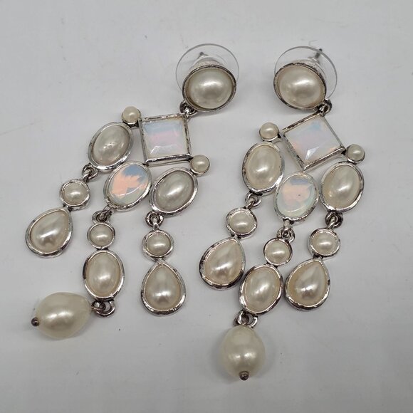 Vintage Monet Chandelier Dangle Earrings With Faux Pearls & Moonstone - Picture 2 of 5